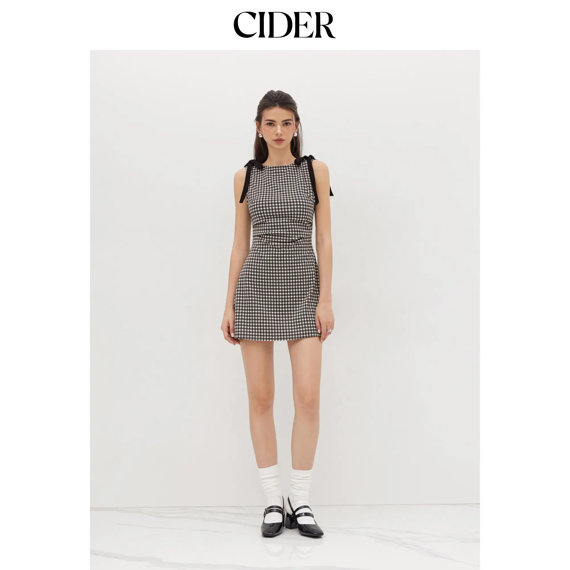 Cider Round Neckline Gingham Bowknot Ruched Mini Dress SummerFinds
