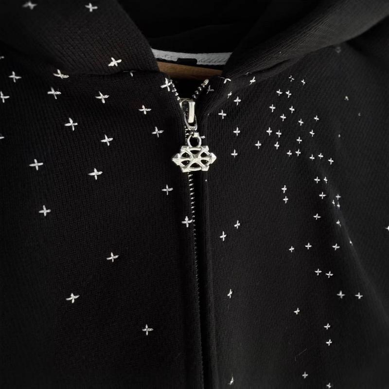 2026 Autumn Winter Starry Heavy Rhinestone Padded Shoulder Hooded Loose Jacket Tops Long Sleeve Casual Fitted Black Stretch Cotton with Pocket Geometric Print Fleece Hoodie Unisex Trendy for Daily Wear