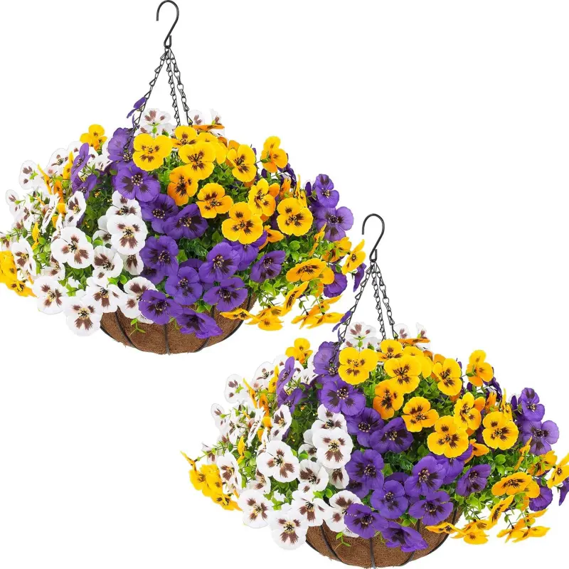 2 Sets Artificial Hanging Pansy Flowers with Baskets, 24 Pcs UV Resistant Faux Silk Pansy Outdoor Hanging Flower for Porch Patio Garden Home Spring Decor (2, White,Yellow,Purple)