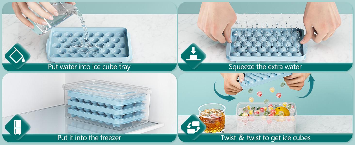 3 Pack Ice Trays for Freezer, 99 PCS Ice Cube Tray with Lid and Bin, Round Ice Cube Mold, Circle Ice Maker for Chilling Drinks (0.8 inch, Blue)