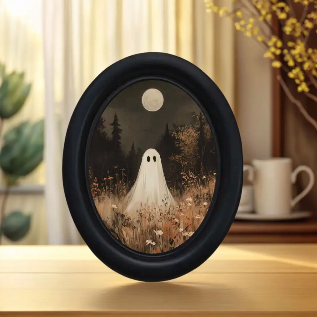 Vintage Full Moon Wildflower Ghost Wall Decor, Cute Dark Spooky Halloween Desktop Wall Art, Wall Prints, Oval Wooden Frame, Home Office Decoration, Gothic Retro Style, Decoration Items