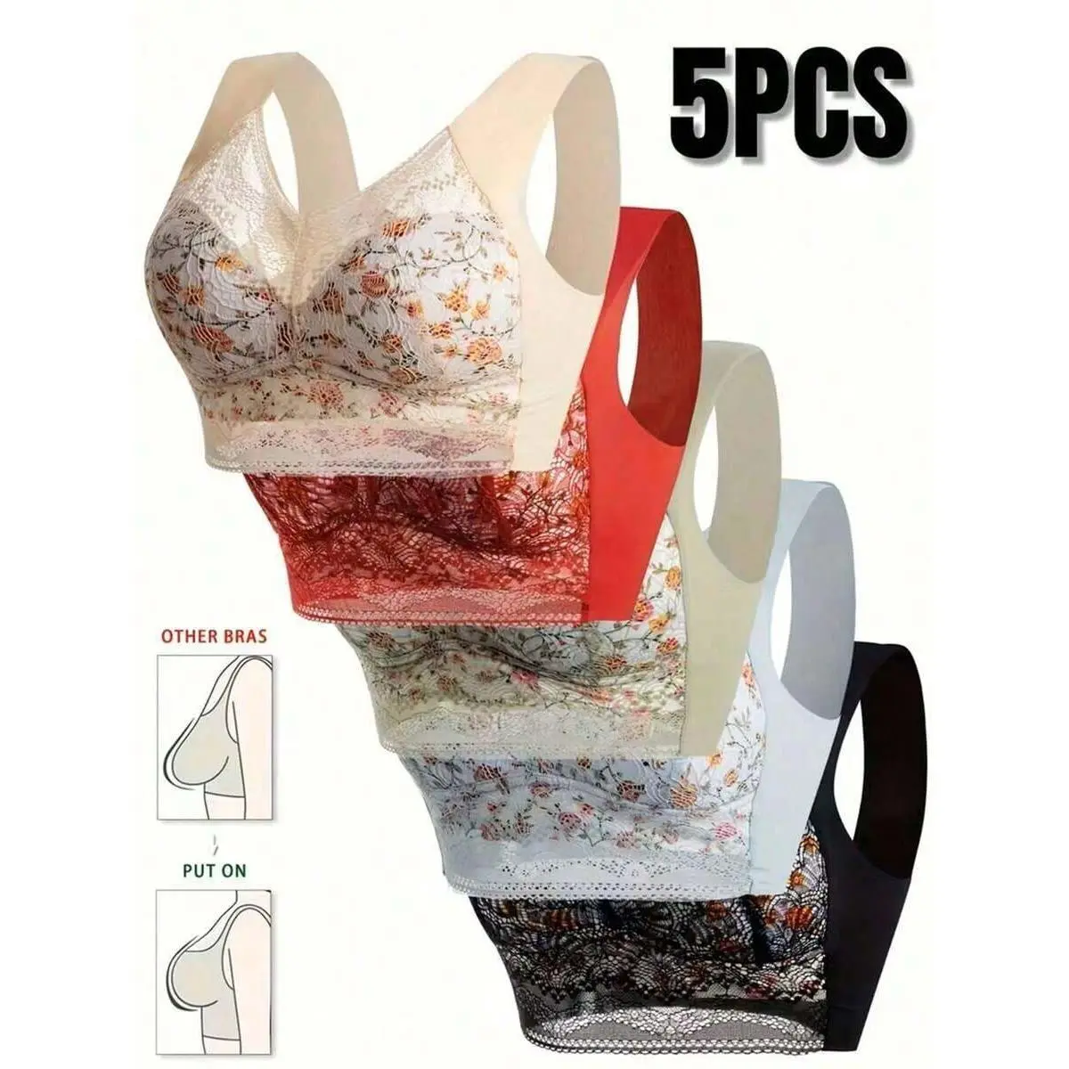 Women's 5-Piece Bralette Set, Multicolor Retro Floral Lace Wireless Push Up Lingerie with Breathable Full Coverage, Fits, Light