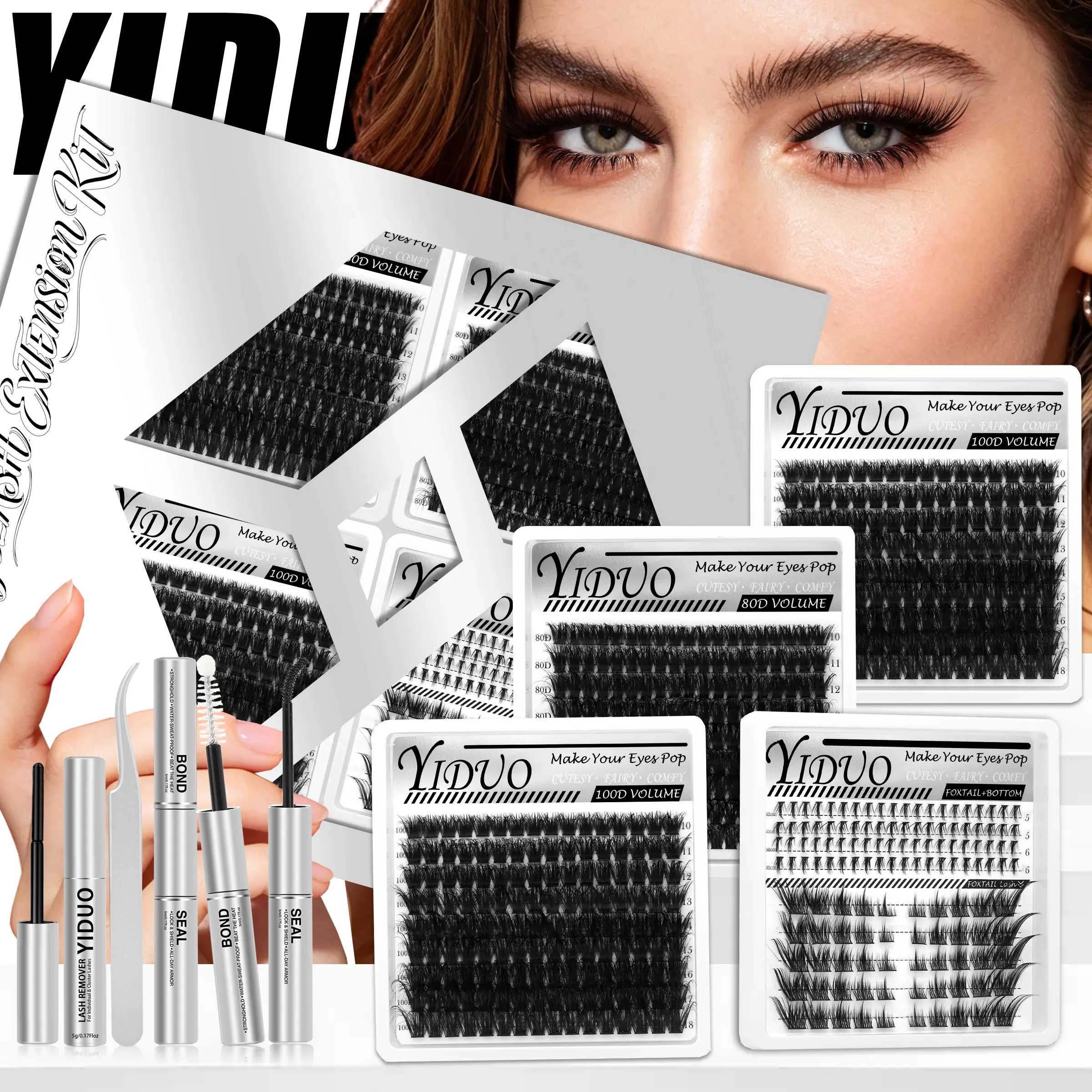 YIDUO Foxtail & Bottom Lash Cluster Set – 60D/80D/100D Volume, 5–16mm D-Curl with Underlash (5–6mm). Complete Kit with Bond, Seal, Remover & Tweezers – 623PCS Extra-Large DIY Set.