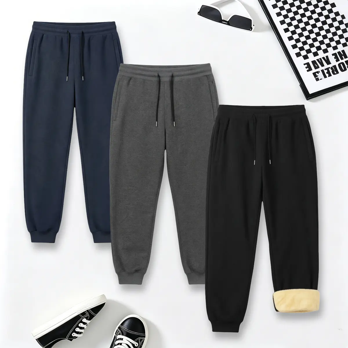Men's 3 Pack Quilted Thermal Jogger Pants, Windproof Cold Resistant Tapered Athletic Pants With Elastic Waistband And Adjustable Drawstring, Side Pockets Elastic Cuffs, For Fall Winter Daily Outdoor Wear, Men's Warm Casual Multi Pack Sweatpants