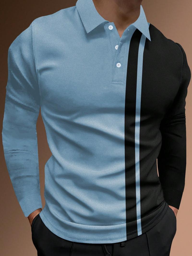 Men's Patchwork Print Half Button Fitted Polo Shirt, Regular Fit Casual Longsleeves Collared Top, Polo Shirts Men, Fall Outfits, Fall Going Out Tops, Men's Clothing, Polo Tees, Fashion Men's Clothes for Daily Wear, Menswear, Golf Colorblock Polo Shirt
