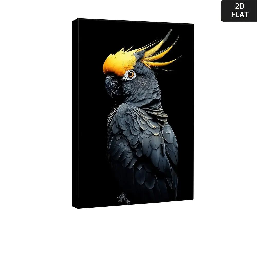 2D Flat Black and Yellow Parrot Wall Art - Modern Minimalist Wrapped Canvas Poster, with Wooden Frame, Vibrant Tropical Bird Painting, Suitable for Living Room, Bedroom, Bathroom Decoration - Ready-to-Hang Natural Theme Home Decor