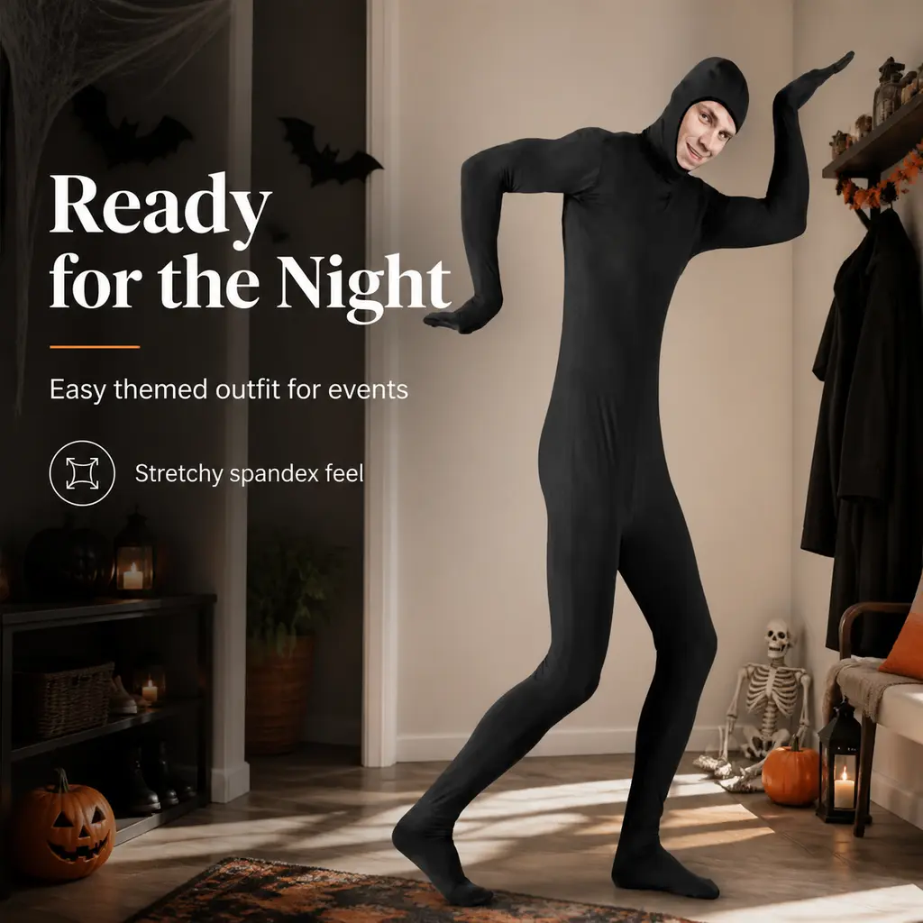 Adult Black Full Body Spandex Zentai Suit, Hooded Hand Foot Integrated Stretch Bodysuit, Full Coverage Skin‑Tight Jumpsuit, Halloween Invisible Man Cosplay Costume for Themed Party, Stage Performance, Carnival