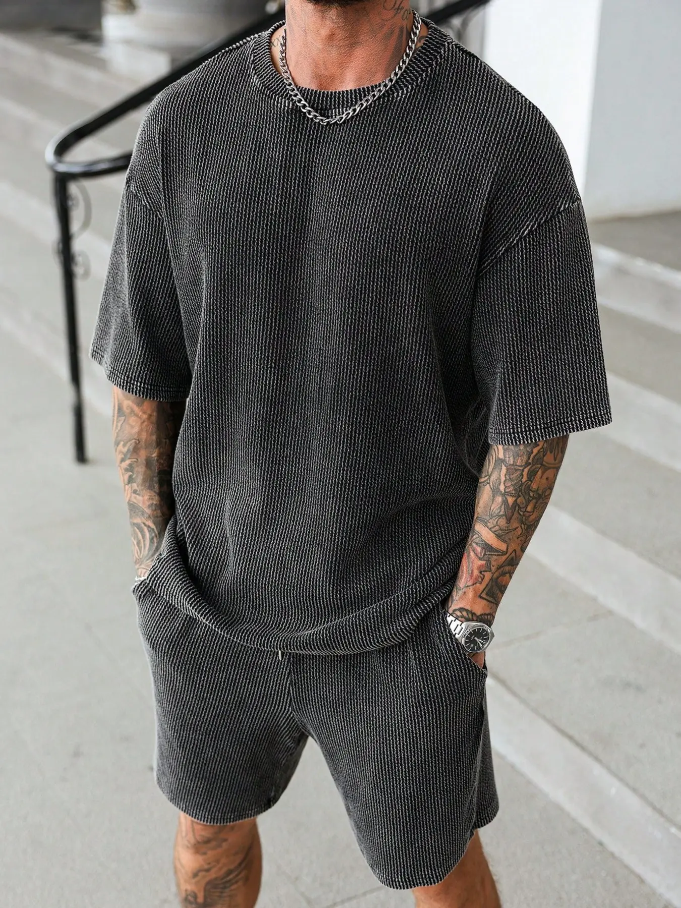 Men's Washed Ribbed 2-Piece Casual, Streetwear Set | Loose Baggy Short-Sleeve T-Shirt, Drawstring Waist Shorts, Breathable and Soft for Leisure, Home, and Everyday Street Wear | Loose Fit #SummerCasualWear #Y2K #HomeEssentials