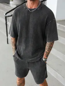 Men's Washed Ribbed 2-Piece Casual, Streetwear Set | Loose Baggy Short-Sleeve T-Shirt, Drawstring Waist Shorts, Breathable and Soft for Leisure, Home, and Everyday Street Wear | Loose Fit #SummerCasualWear #Y2K #HomeEssentials
