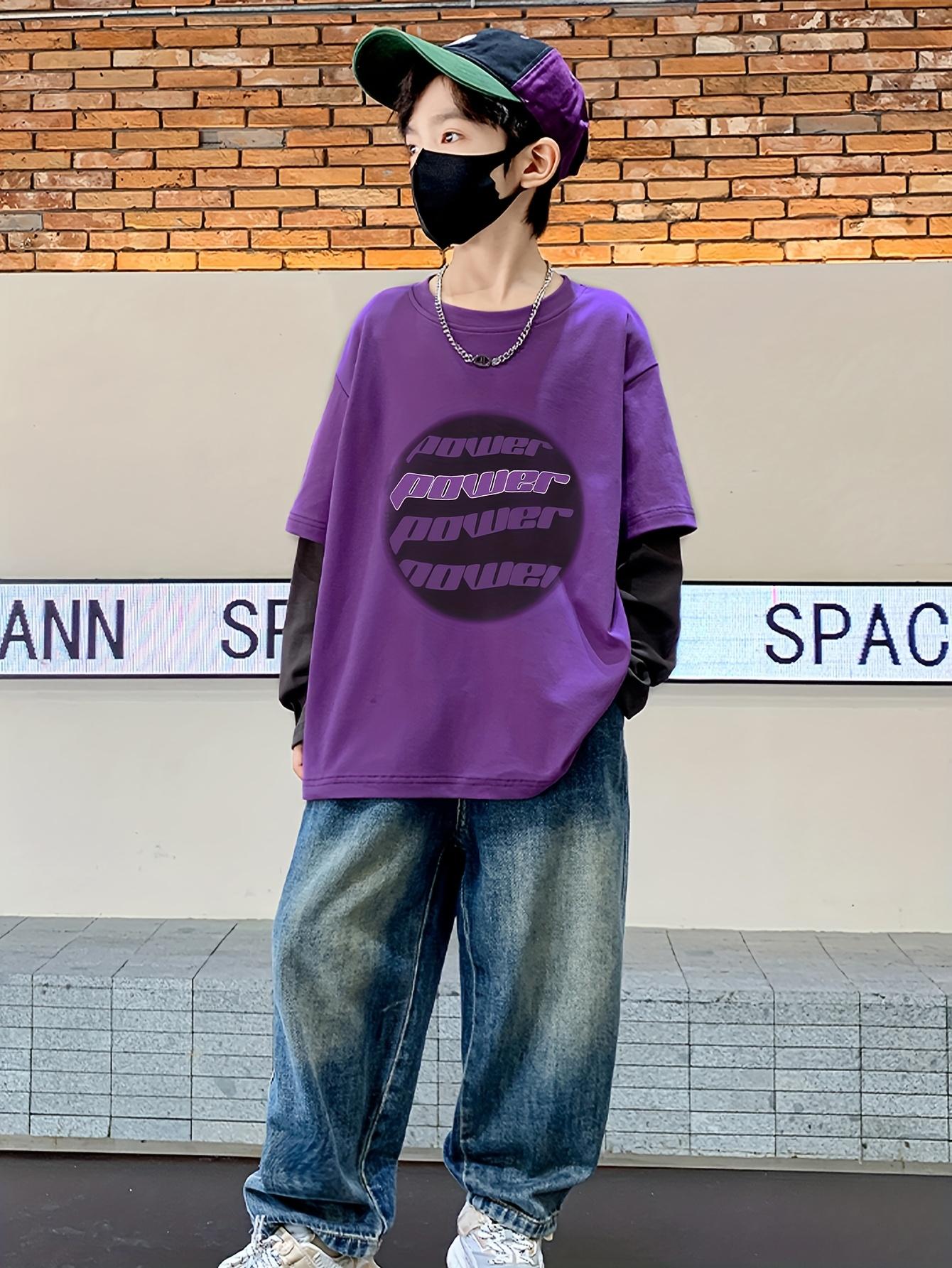 Boys' Two-Tone Long Sleeve T-Shirt - Purple & Color Block Streetwear Pullover with "POWER" Lettering, Drop Shoulder Casual Top for Spring/Fall Outdoor Sports, Spring Fall Apparel, Sporty Look, Durable Construction, Young Athletes, Streetwear Fashion
