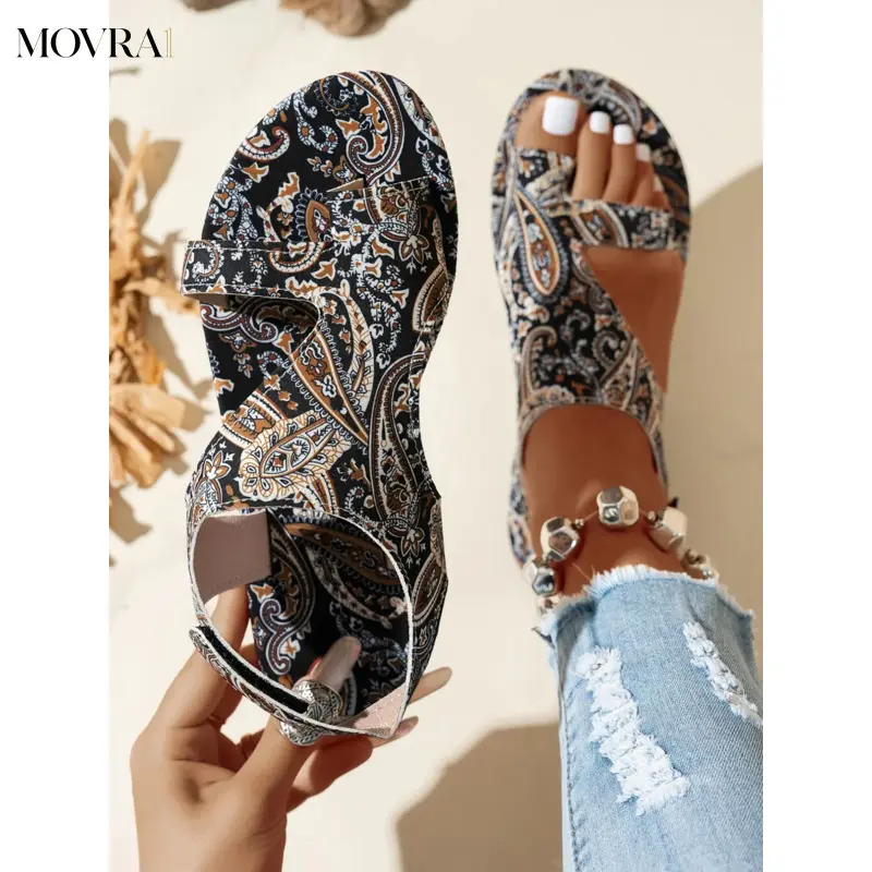 MOVRA1 Women Boho Paisley Print Platform Sandals, Open Toe Cutout Ankle Strap Wedge Heel, Vintage Ethnic Floral Heel Shoes, Boho Style Sandals