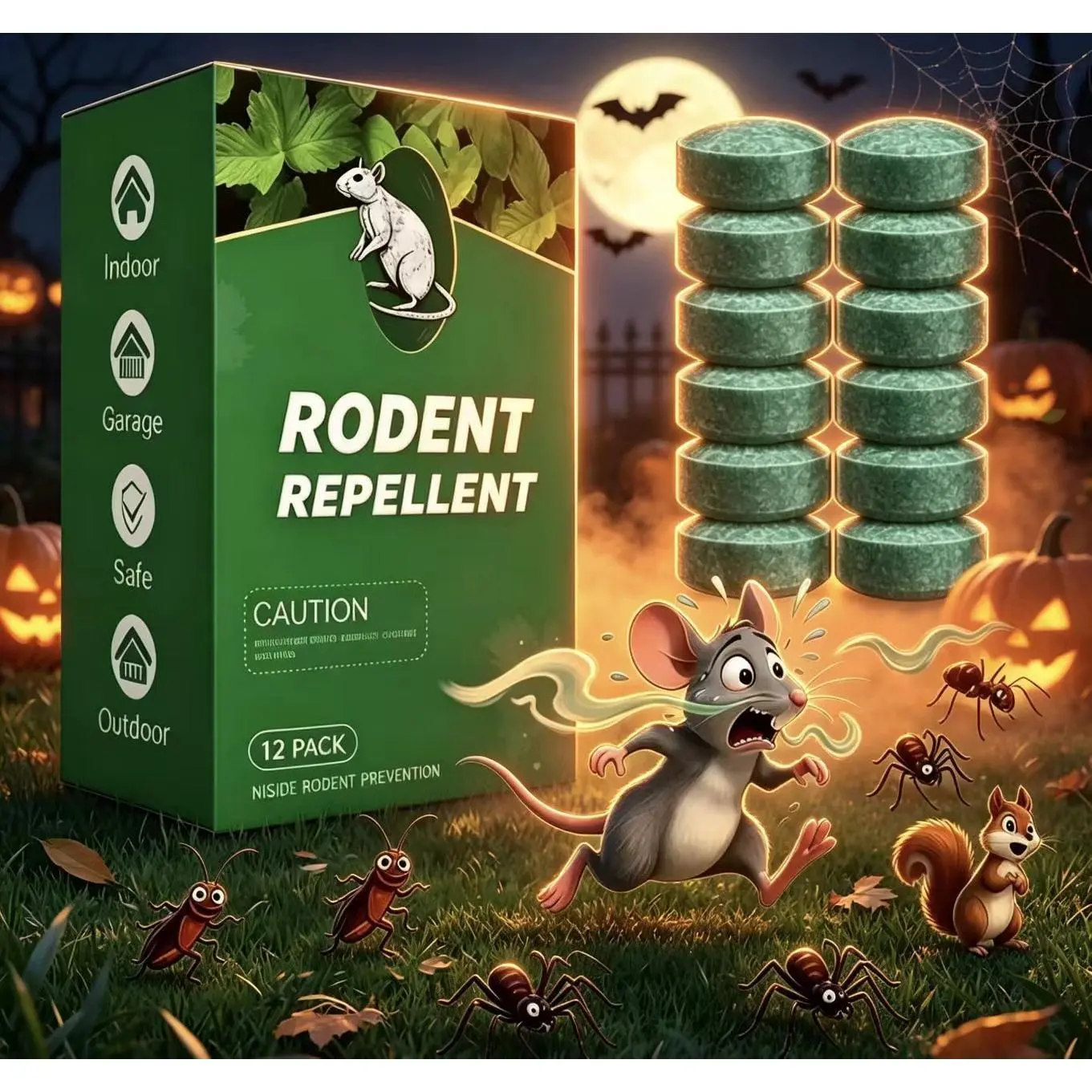 Natural Scent Pest Repellent Tablets 12-Pack in Box for Indoor Residential Rodent Insect Control Targeting Mice Rats Roaches Ants Spiders Easy-to-Use in Key Home Areas and Outdoor Spaces