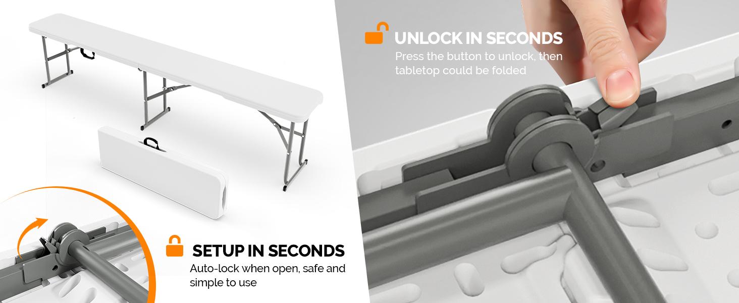 6-Foot Plastic Folding Bench – Portable Indoor/Outdoor Seating for Picnics, Parties, Camping, and Dining; Ideal for Gardens, Soccer Games, and Various Recreational Events – Features a Smooth HDPE Surface (Set of 2; White or Black; 6-Foot)