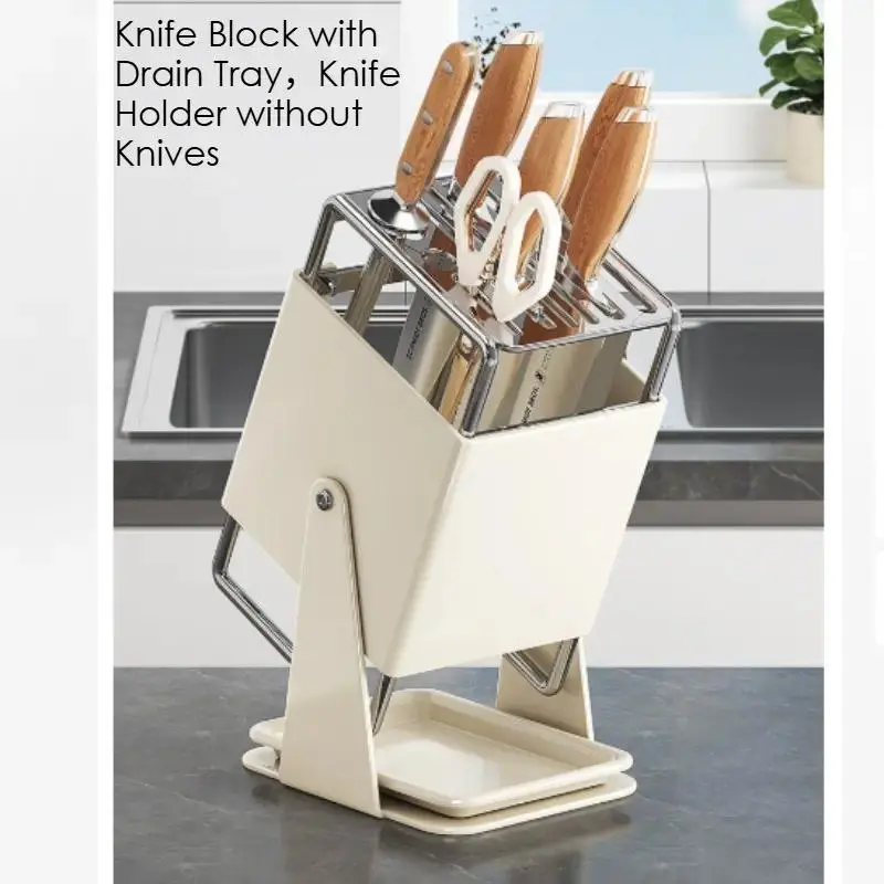 Knife Block with Drain Tray，Knife Holder without Knives Rotatable knife rack Slanted Knife Holder Storage Rack Kitchen Knife Rack Countertop Chopstick Cage Knife Integrated Storage Rack Wall-Mounted Knife Block Modern Kitchenware