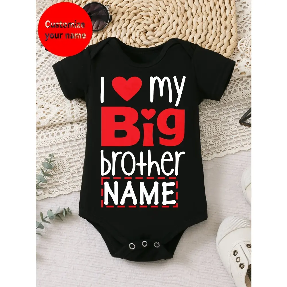 Customized Baby Bodysuit - Soft Cotton Short Slim-Fitting "I Love My Brother" Print Top for Newborns, Crew Neck, Buckle Snap Closure, Custom Name, Easy Diaper Changes & Figure-Flattering Design