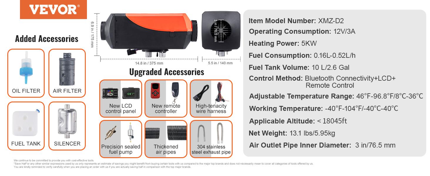 VEVOR Diesel Air Heater, 12V 8KW Separated Portable Parking Heater with Bluetooth App and LCD, Automatic Altitude Adjustment Max 18045 ft,  Fast Heating Low Noise, Diesel Heater for Truck RV Trailer Camper Van Boat and Indoors