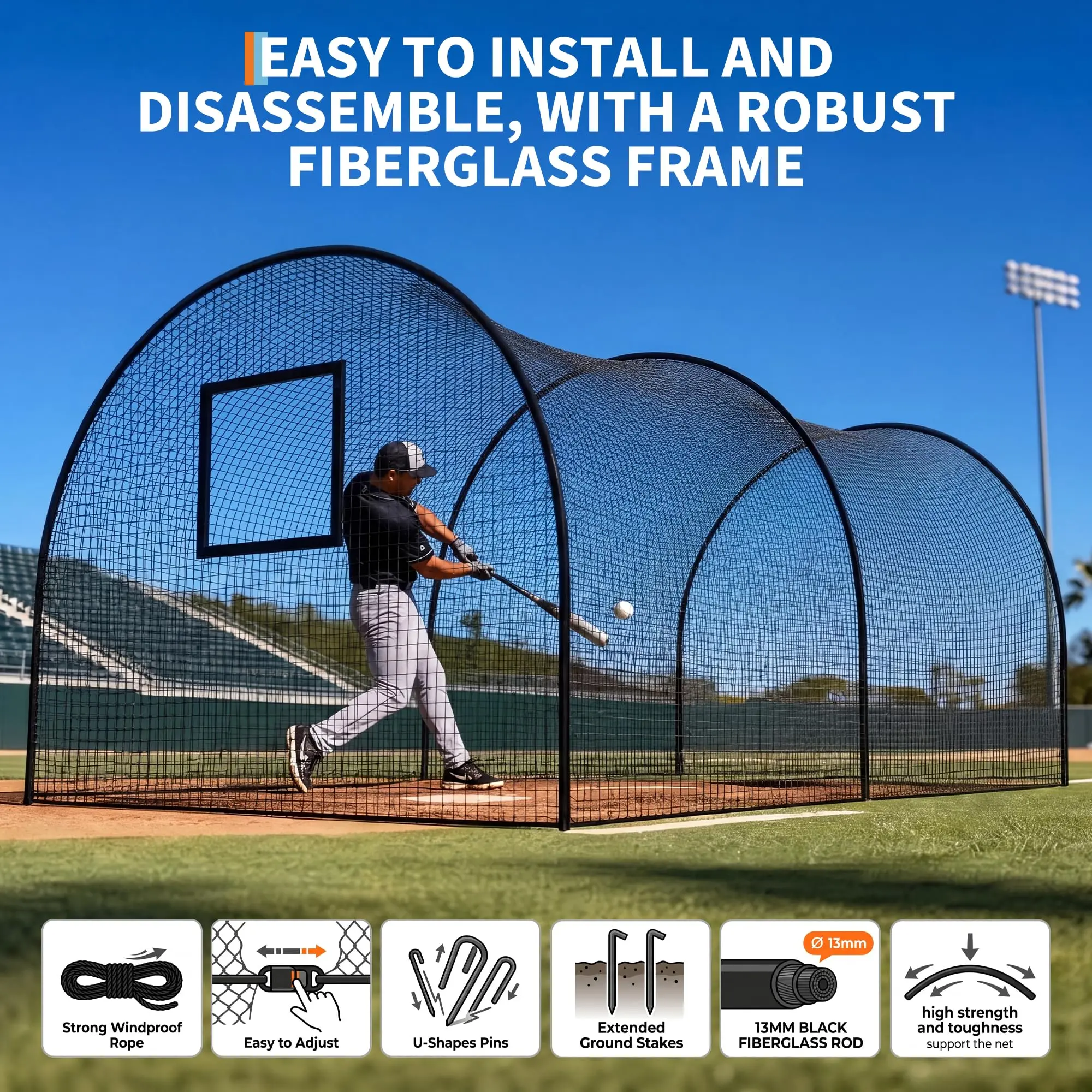 Heavy Duty Polyester Batting Cage (22x12x8 ft or 32x12x8 ft), Large All-Around Net Enclosure for Multi-Sport Outdoor Practice - Baseball, Softball & Golf Hitting Training Aid, Batting Practice Equipment, Softball Training Aid, 22*12*8Ft