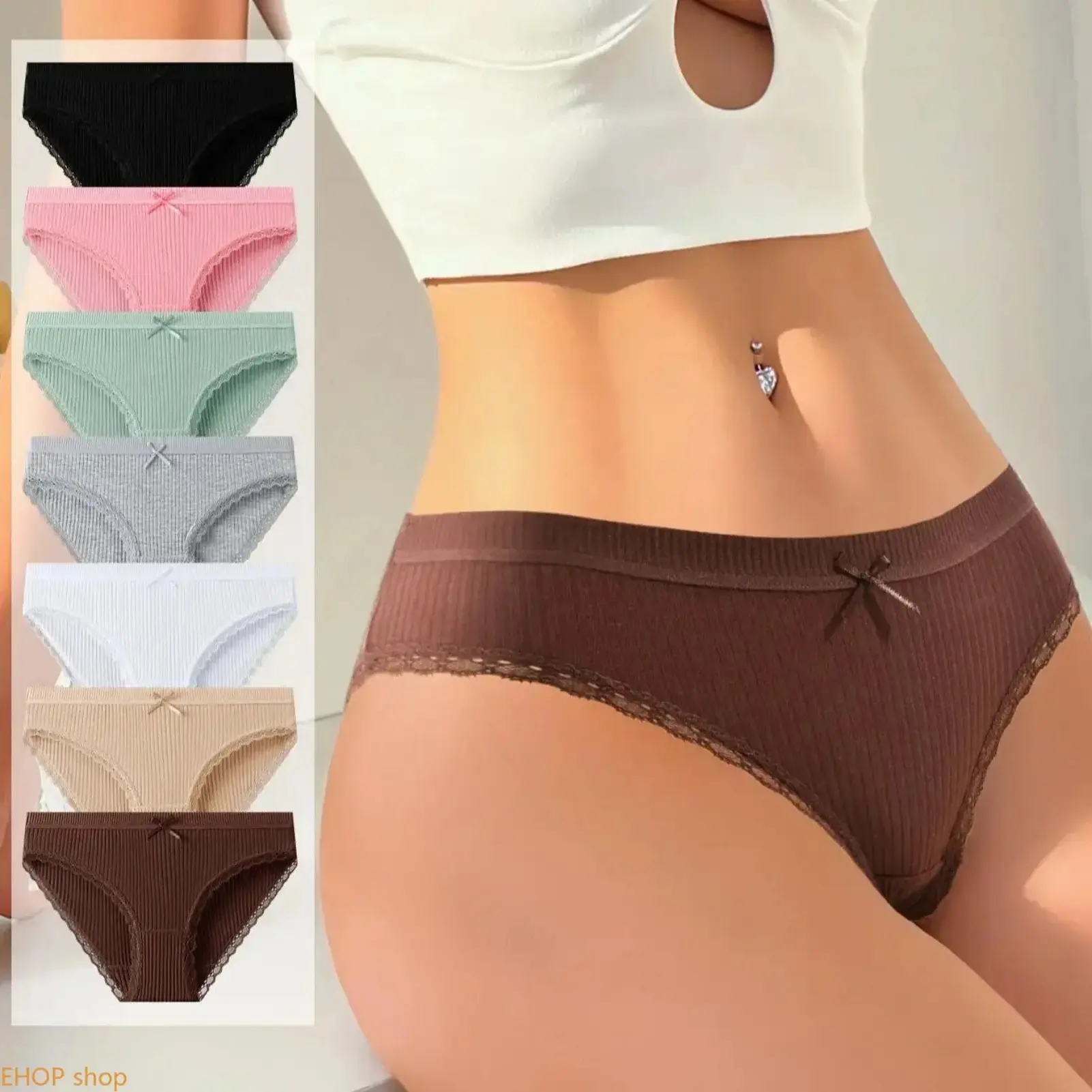 7-Pack Women Cotton Blend Panties Elegant Lace Trim Soft Spandex Breathable Elastic Mixed Color Casual Daily Underwear Set, Mixed Colors (7 Pcs), Bikini, Panties For Women