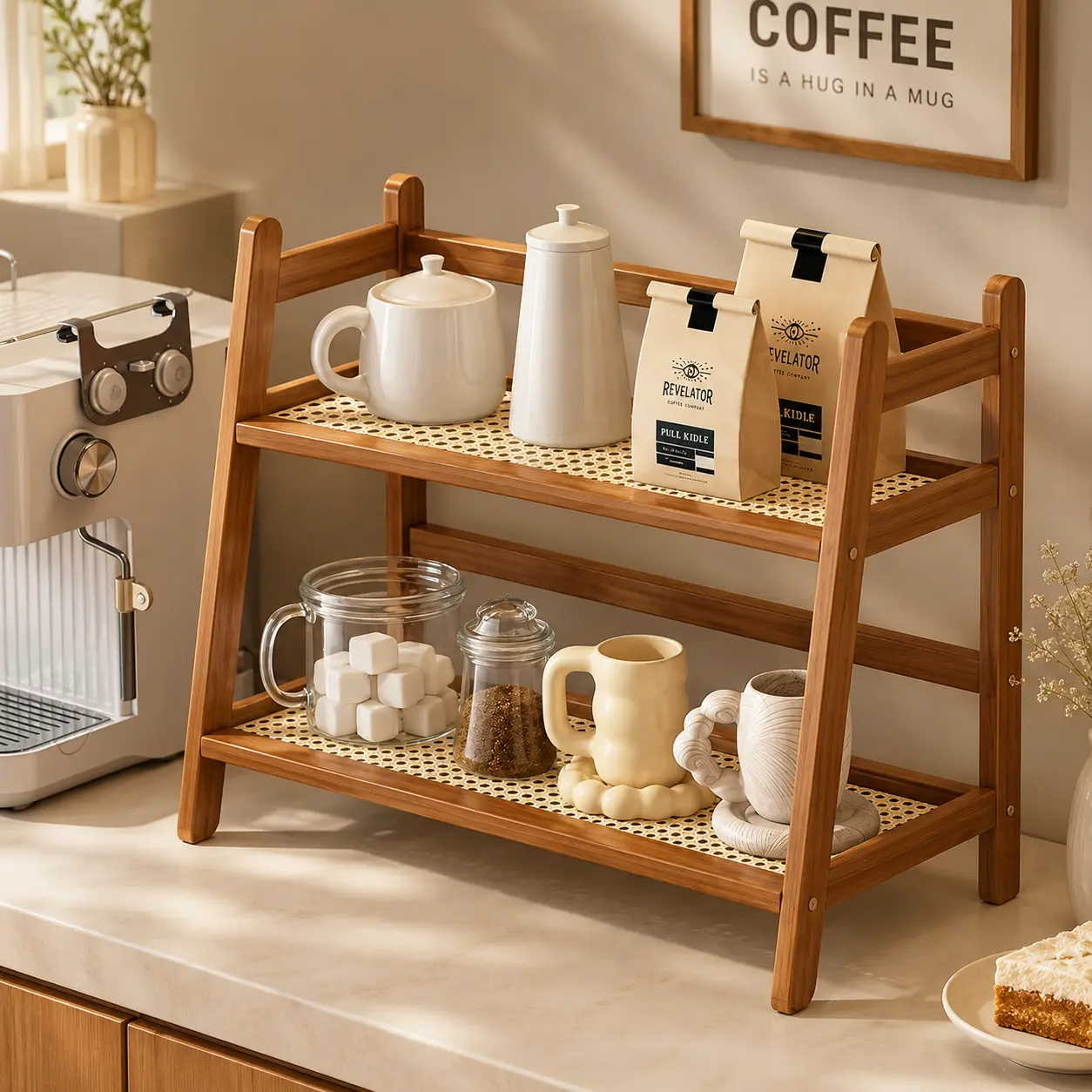 2 Tier Brown Coffee Station Organizer for Countertop, Wooden Coffee Mug Holder Display Shelf, Multi-Purpose Coffee Bar Accessories Storage Rack, Cup Tea Condiment Matcha Stand for Kitchen Counter & Home Coffee Bar Organization