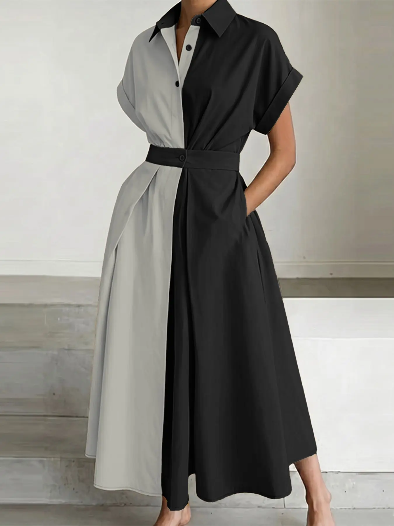 Women's Colorblock Patchwork Dress, Loose-Fitting Short Sleeve Long Dress, Casual Office Style, Fashionable Women's Clothing