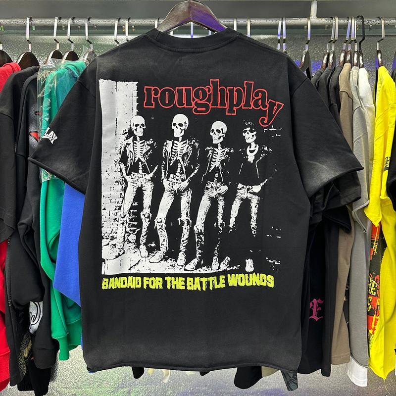 Vintage Washed Roughplay T-Shirt, Heavyweight White Ink Jesus Skull Print, Retro Rockabilly Bling Diamond Patchwork, American Hip Hop Unisex Streetwear Short Sleeve Cotton Tee