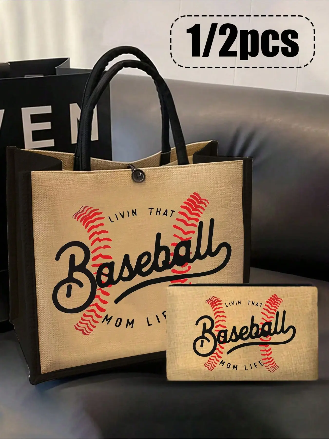 "LIVIN THAT BASEBALL LIFE" Baseball Print Jute Tote Bag Set with Cosmetic Pouch, Large Reusable Shoulder Bag with Button Closure, Ideal Gift for Baseball Moms Sports Fans
