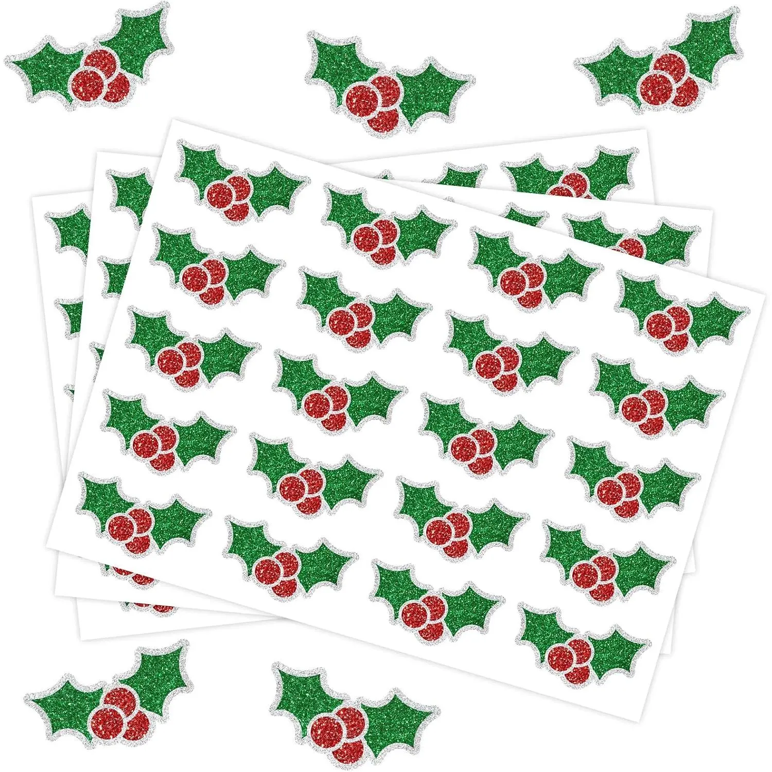 Christmas Holly Berry Stickers Glitter Paper  Red Green Self-Adhesive Stickers for Envelopes Scrapbook Gifts DIY, 200 count,1.5 in