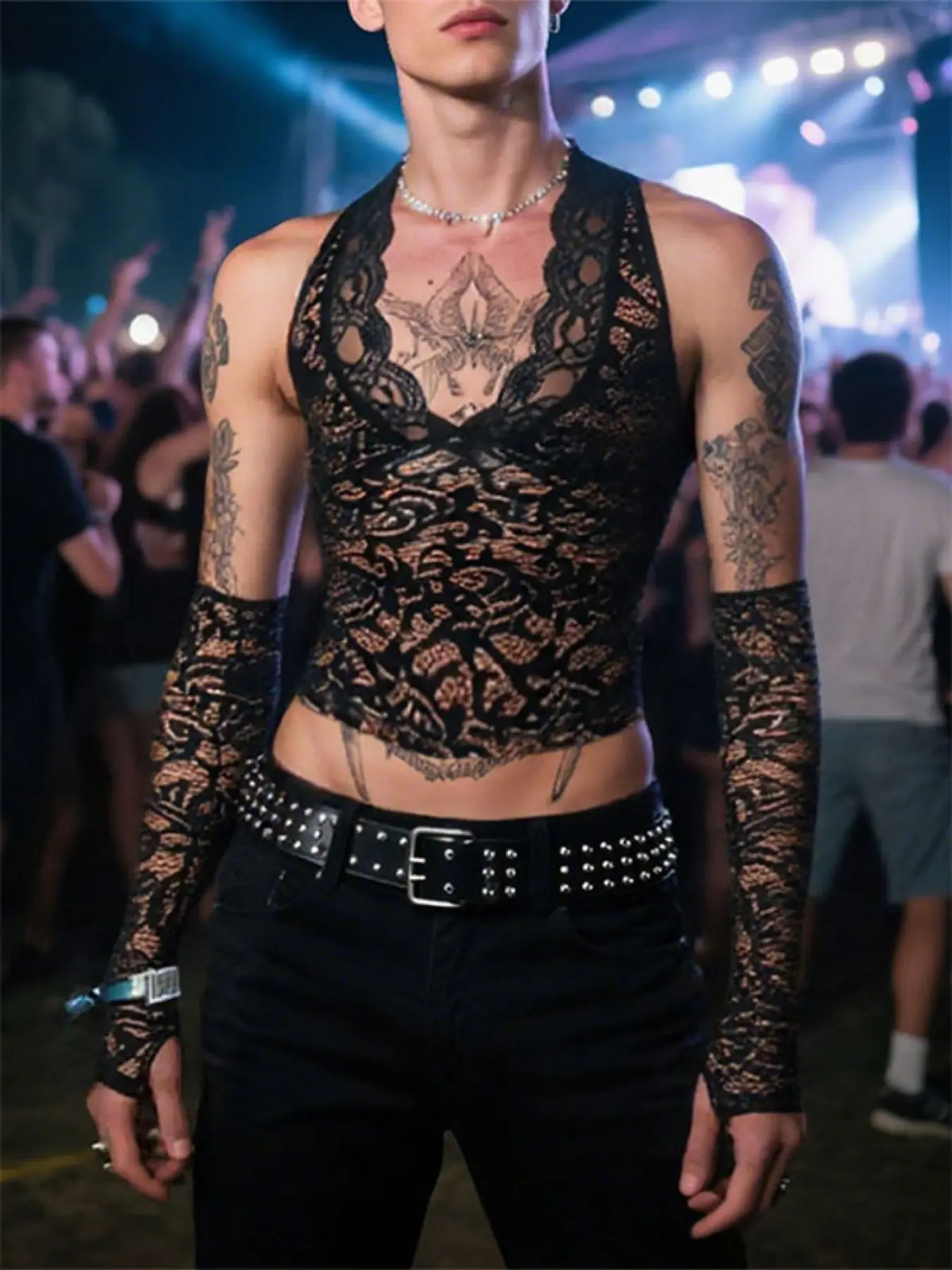 INCERUN Men's Casual Fashion Tank Top, Lace Solid Sleeveless Vest, Perfect for Daily Wear, Stylish and Comfortable, Ideal for Everyday