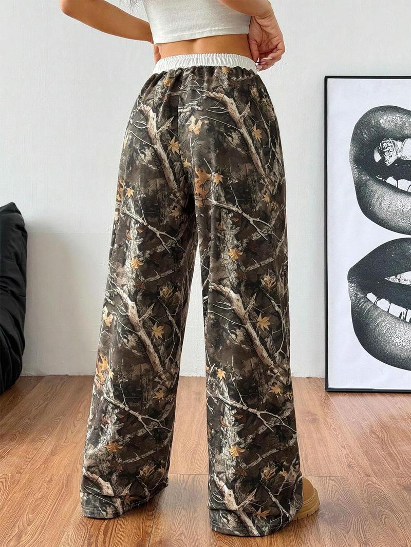 【Plus Size】 All Over Print Drawstring Waist Sweatpants, Casual Street Comfy Pants for Daily Wear, Women's Trousers for Fall & Winter, Baggy Legged Pants