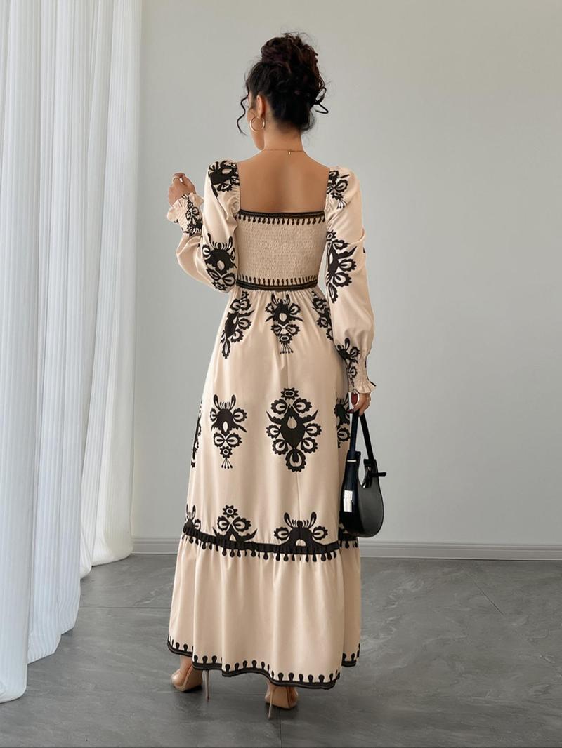 Women's Vintage Floral Lantern Sleeve High Waist Dress, Square Neck Shirred Design, Valentine's Day Party Elegant