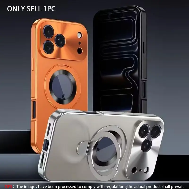 Magnetic Aluminum Alloy Cover, Metal Casing, Protector for iPhone 17 16 15 14 Pro Max, 17 Air Ring Holder Stand Protective Phone Case, Mobile Phone Accessory, Protective Shell, Protection, Support Wireless Charging