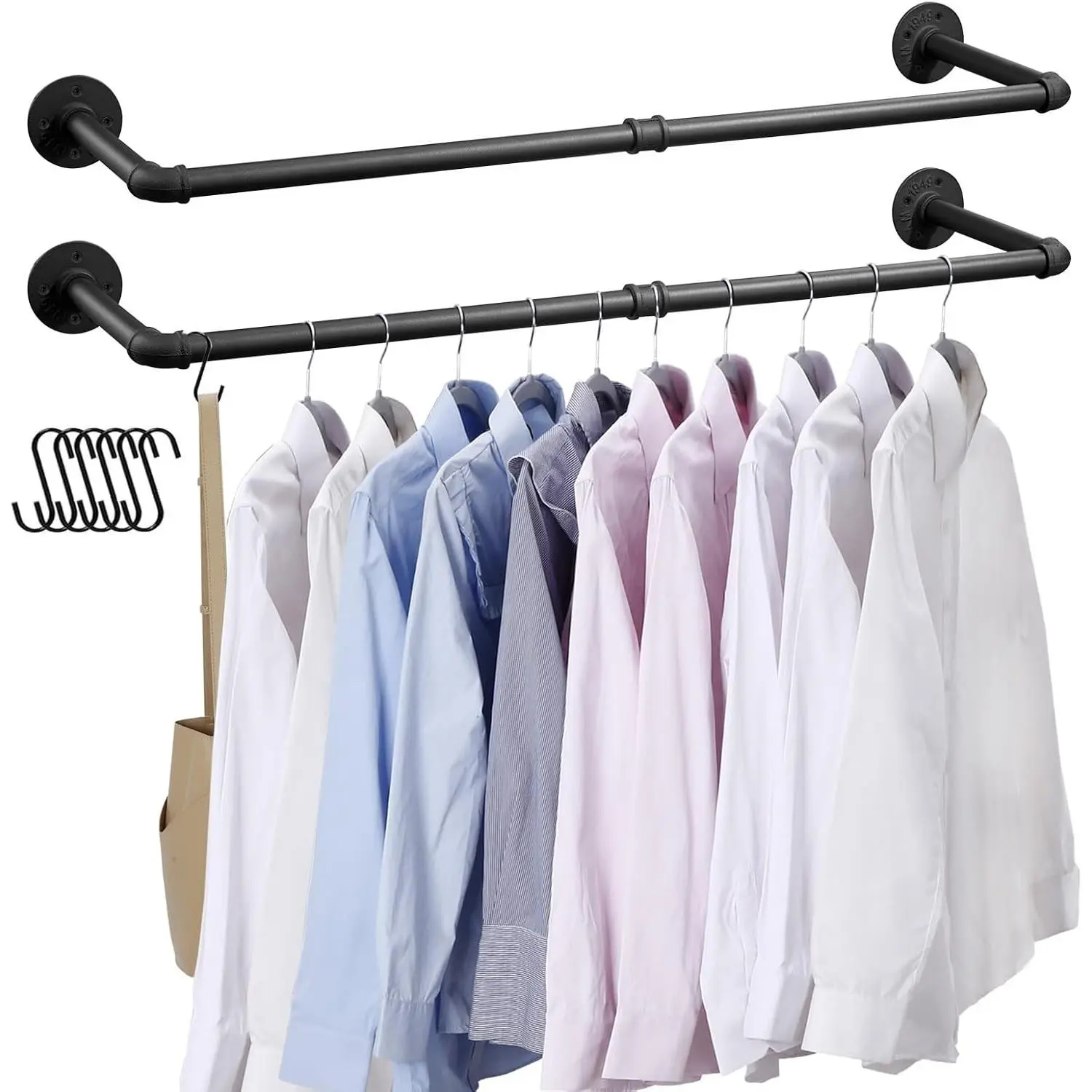 Industrial Pipe Wall Mounted Clothes Rack Set of 2, 38.2 Inch Heavy Duty Iron Garment Rail, Space Saving Hanging Rod for Laundry Room, Bedroom, Closet Storage