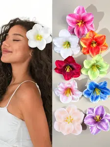 10 Pcs Women's Sweet Artificial Orchid Flower Hair Clips, Boho Style Multi-Layer Fabric Petals, Beach Vacation Headwear, Floral Hair Clips, Flower Clips For Hair