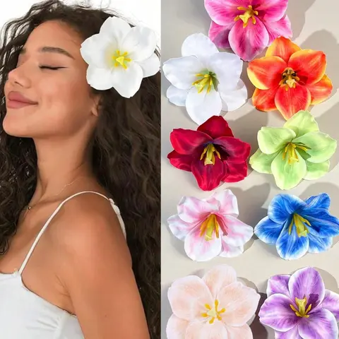 10 Pcs Women's Sweet Artificial Orchid Flower Hair Clips, Boho Style Multi-Layer Fabric Petals, Beach Vacation Headwear, Boho Hair Accessories, Floral Hair Clips, Flower Clips For Hair
