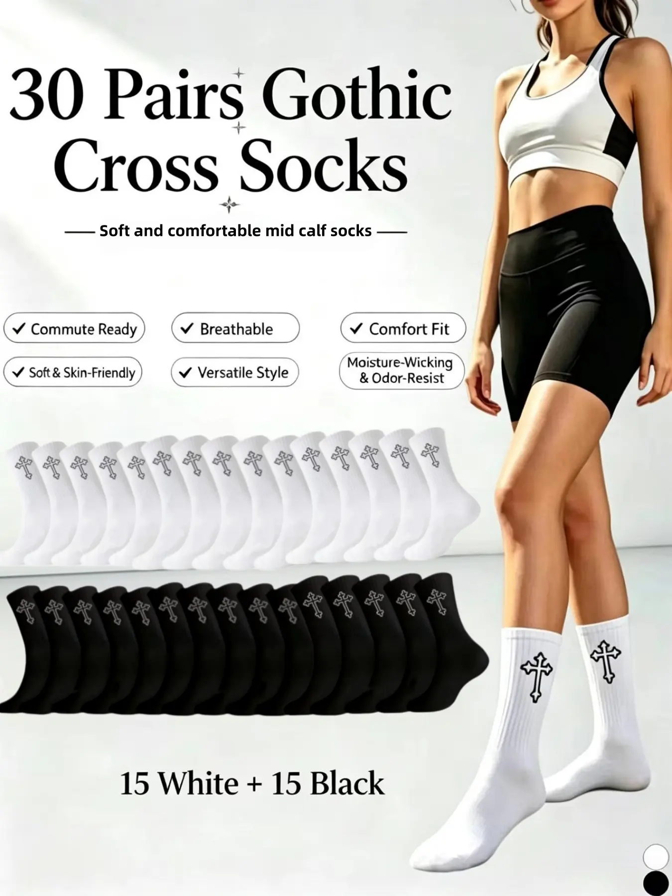 30 pairs of unisex couple's Halloween gothic cross outfit paired with embellished mid calf socks, breathable, sweat wicking, odor proof, soft, skin friendly, comfortable and durable, suitable for daily commuting, sports, leisure, fitness, parties and fest