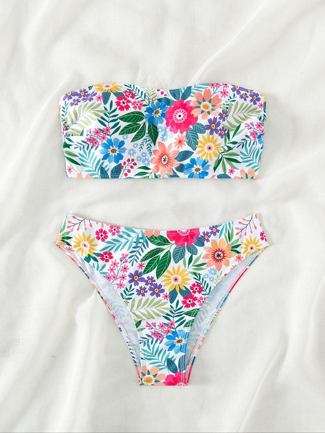 Women's Floral Print Bikini Set, Boho Fashion Sleeveless Swim Tube Top & Swim Bottom for Summer, Tropical Print Swimsuit, Ladies Swimwear for Beach Holiday Vacation