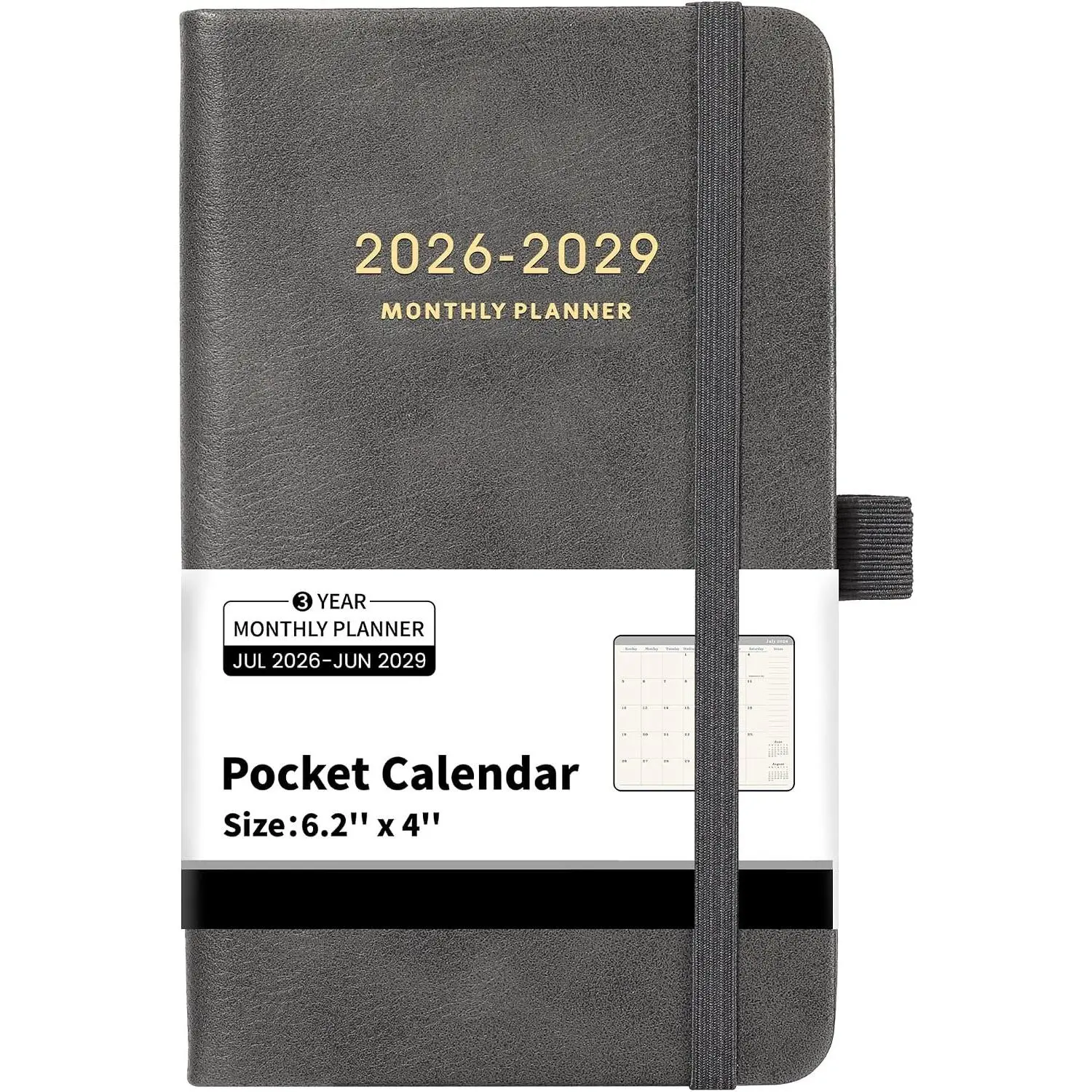 Pocket Planner 2026-2029 Monthly Planner, Jul 2026 - Jun 2029, 6.2"x4" | Pocket Calendar(36-Month) With 60 Notes Pages, 3-Year Planners with Contacts, Holidays and Pen Holder, Elastic Closure - Grey