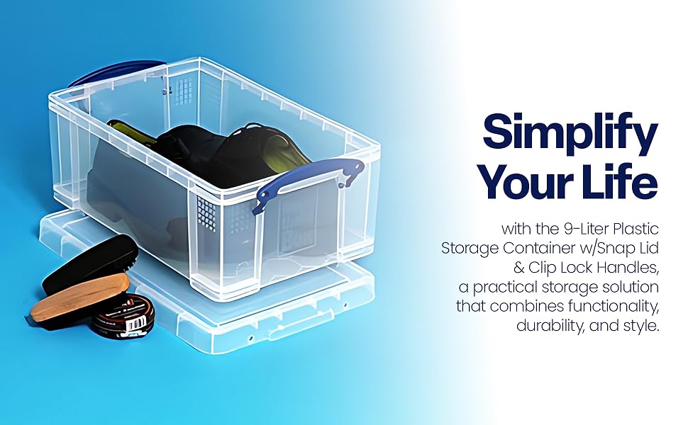 Really Useful Box Stackable 9 Liter Plastic Storage Container Bin with Snap Lid and Built-In Clip Lock Handles for Home & Office Organization (4 Pack)