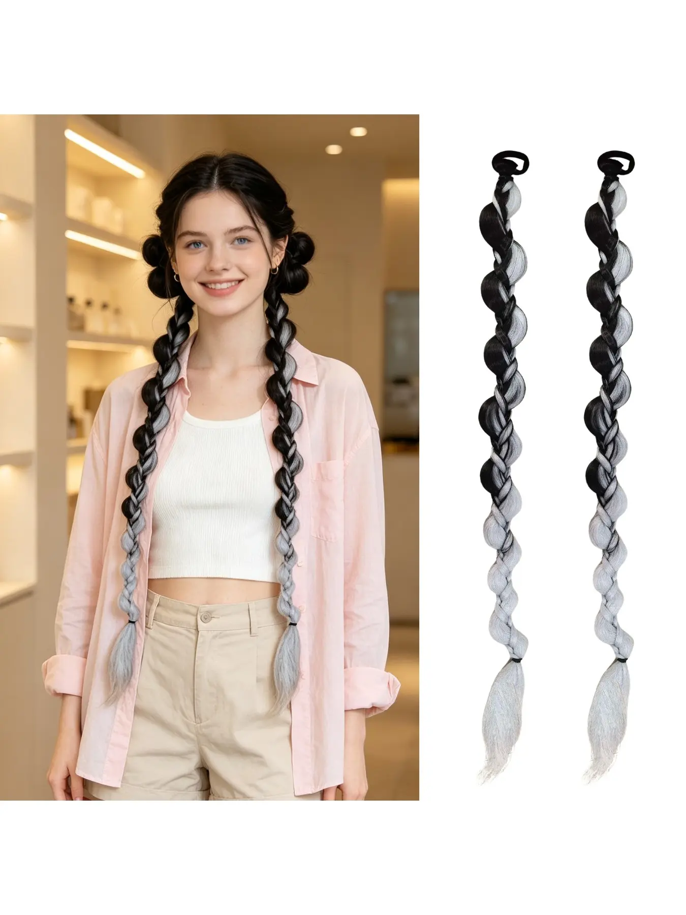2Pcs 28-inch bubble braids twisted braid ponytail extensions, natural volume gradient long braids for women, fashion-forward sweet and spicy style with highlights, perfect for concerts, performances, festivals, and travel
