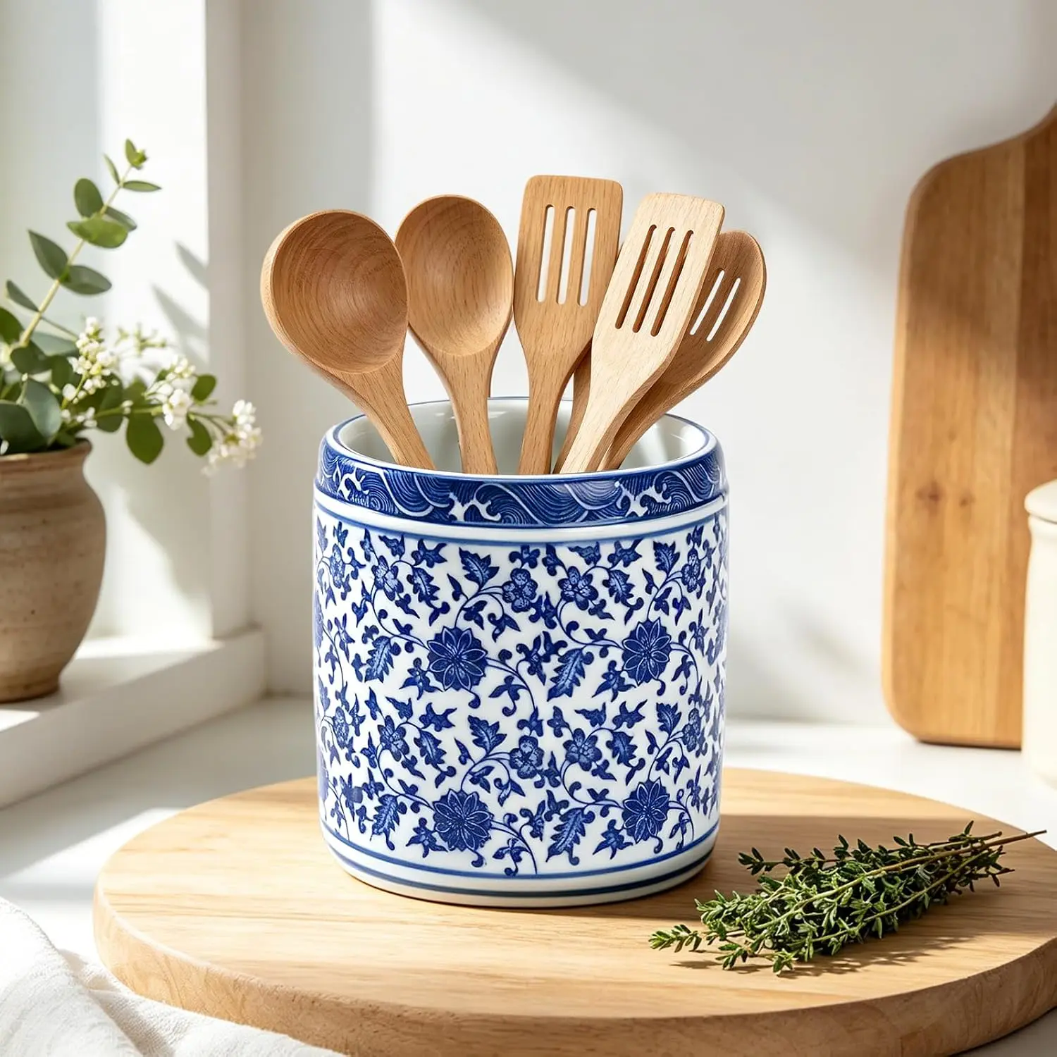 Ceramic Blue and White Utensil Holder Crock large Chinoiserie Floral Kitchen Countertop Organizer Ceramic Kitchen Crock for Cooking Utensils Home Decor & Parties