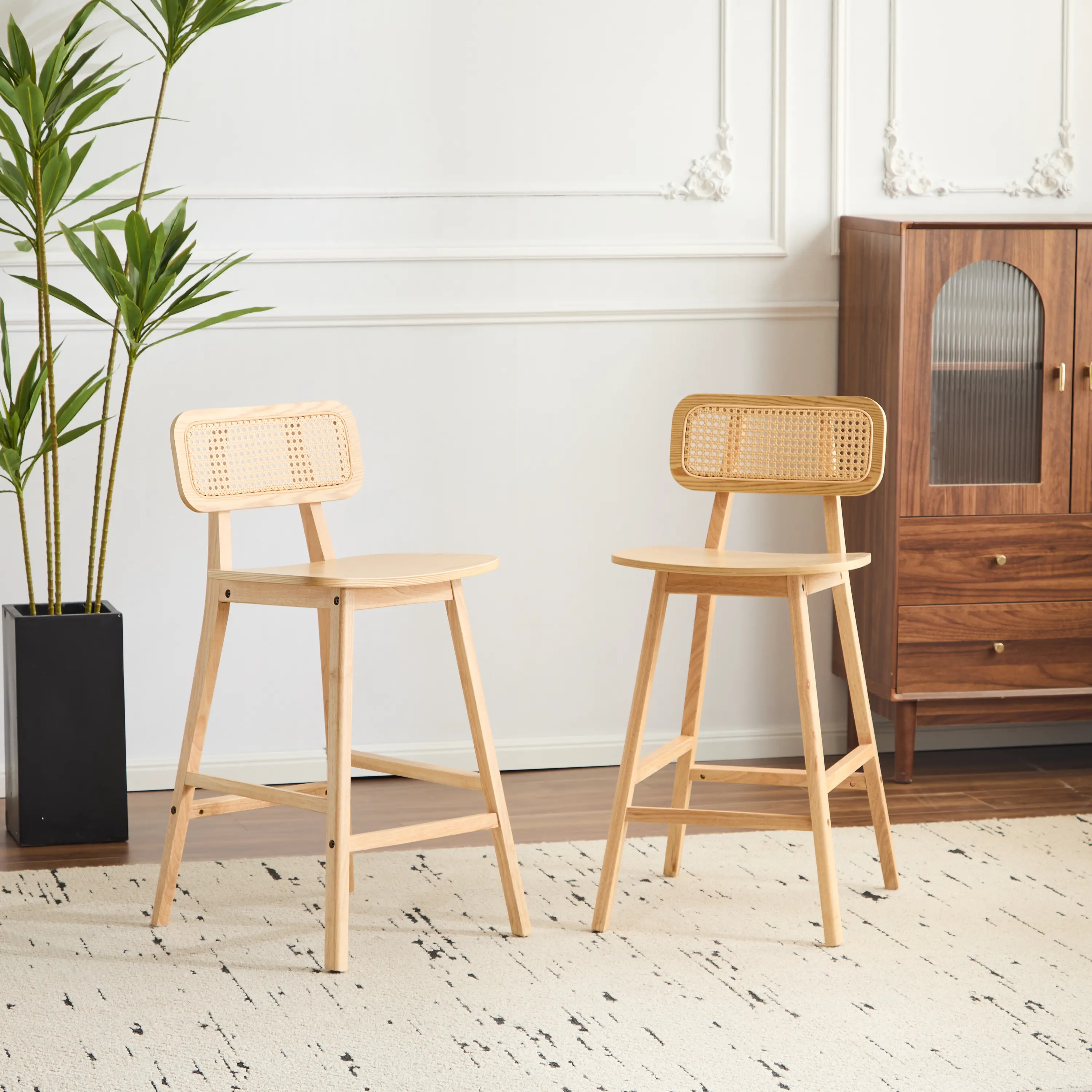 ARCH Bari Traditional Classic Indoor Natural Wood Barstool Set of 2 - Sturdy Counter-Height Seating with Solid Back, Supportive Wooden Seat & Backrest for Kitchen Island, Dining Room