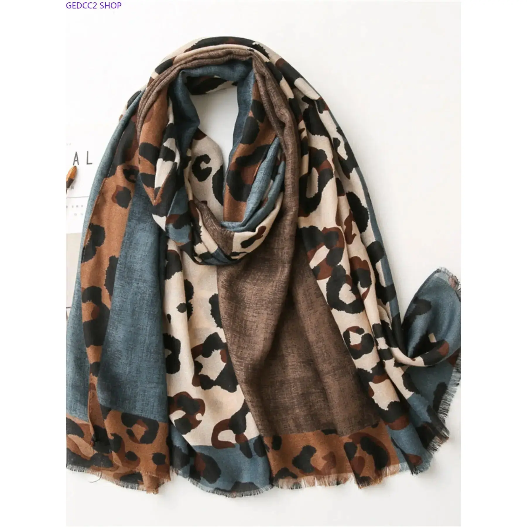 Women's Boho Shawl, Leopard Print Patchwork Cotton Scarf with Fringe, Lightweight and Breathable for Everyday Casual Wear, Female, All Seasons, Unique Texture, Neck Scarf