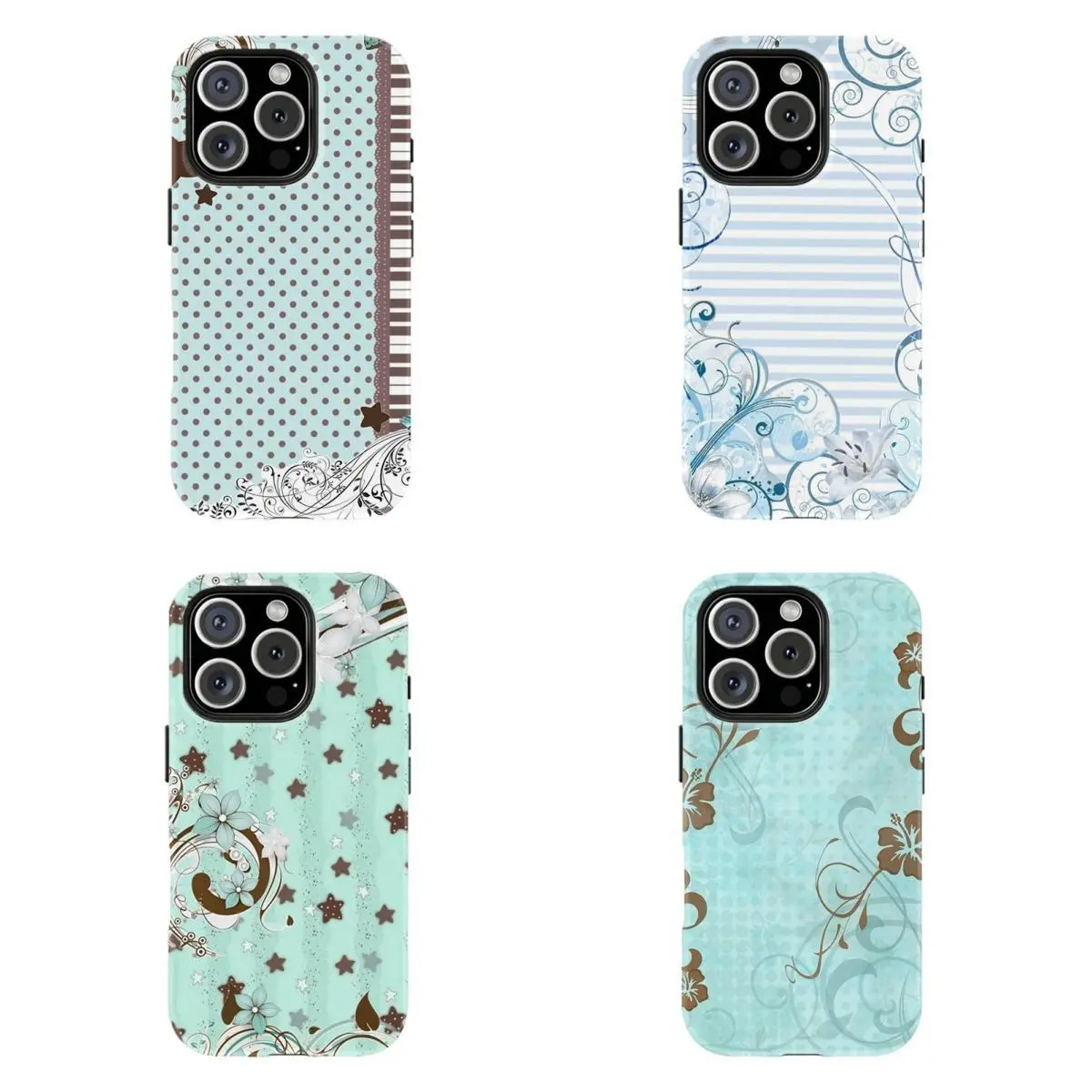 Shockproof Phone Casing - Mint Blue, Brown Polka Dot, Star Swirl & Floral Vintage Cottagecore Girly Accessory Compatible with iPhone 17 Promax 16 15 14 13 12 11 and for Samsung S22 S23 S24 S25 S26 Ultra - Gift for Her