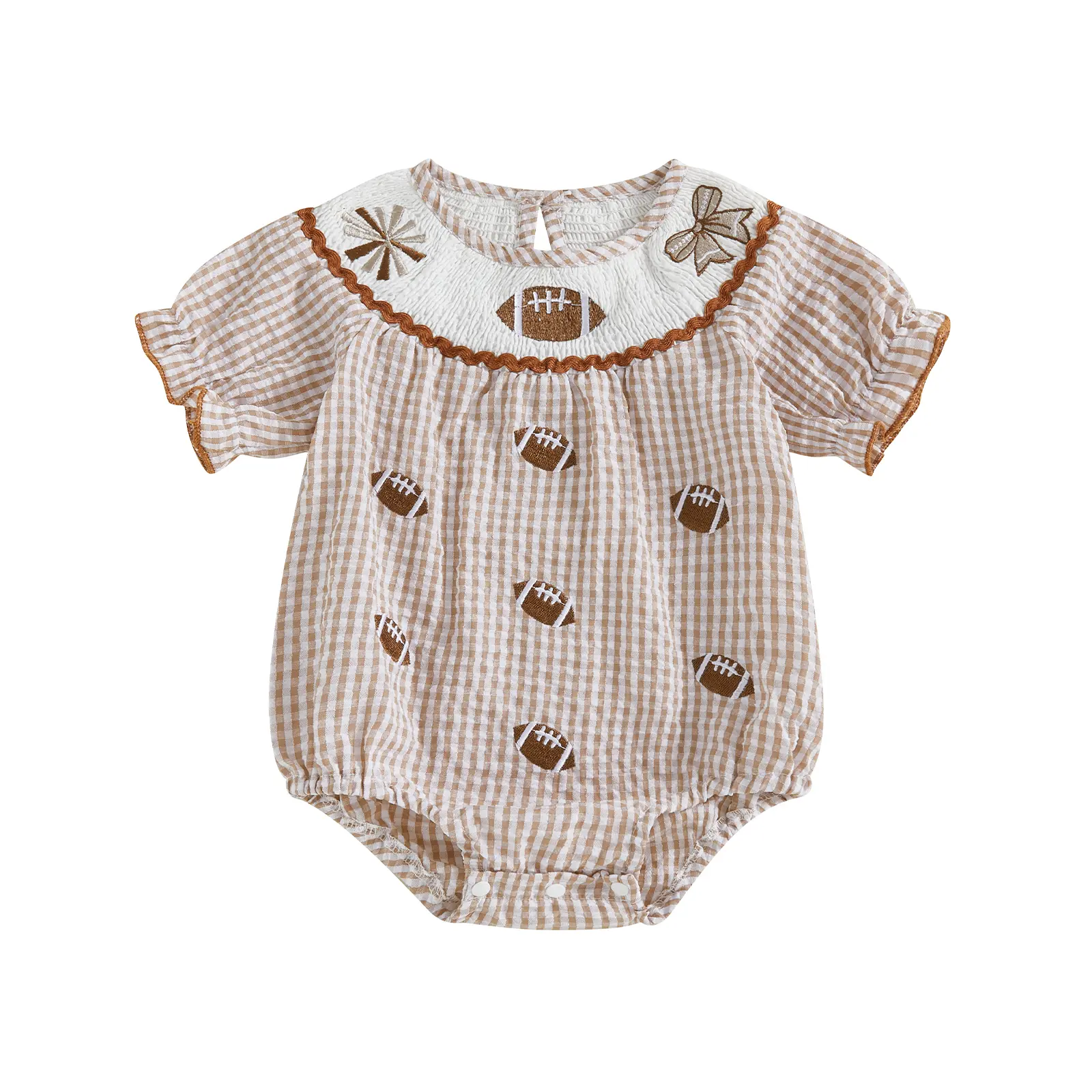 Infant Baby Girl Football Season Clothes Brown Gingham Seersucker Smocked Football Cheer Megaphone Bow Embroidered Short Sleeve Bubble Romper