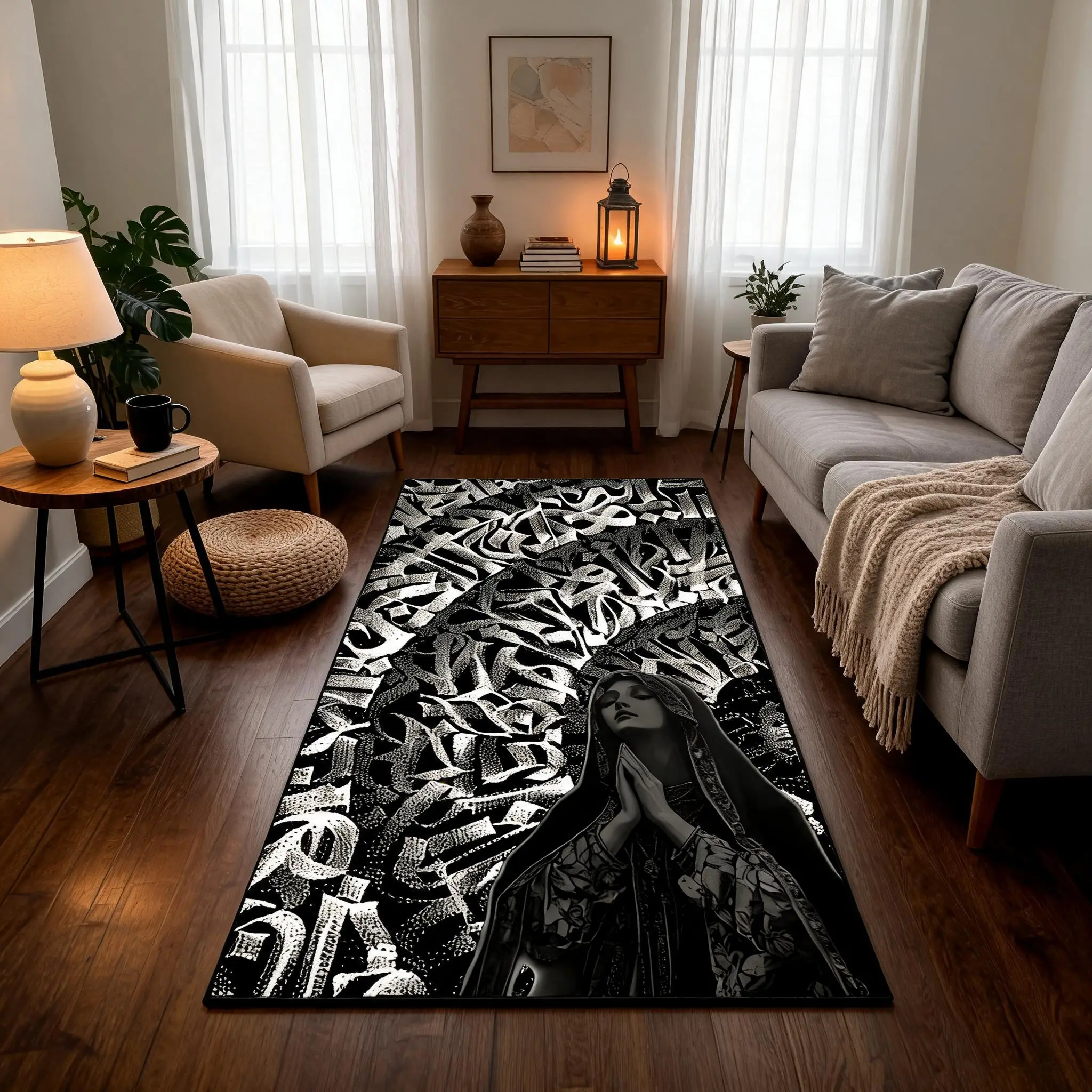 Gothic Prayer Virgin Mary Carpet, Chicano Graffiti Dark Style Bedroom Living Room Decor Mat, American Street Graffiti Rug, Home Decor Rugs, Decorative Rug, Anti-Slip Art Pad