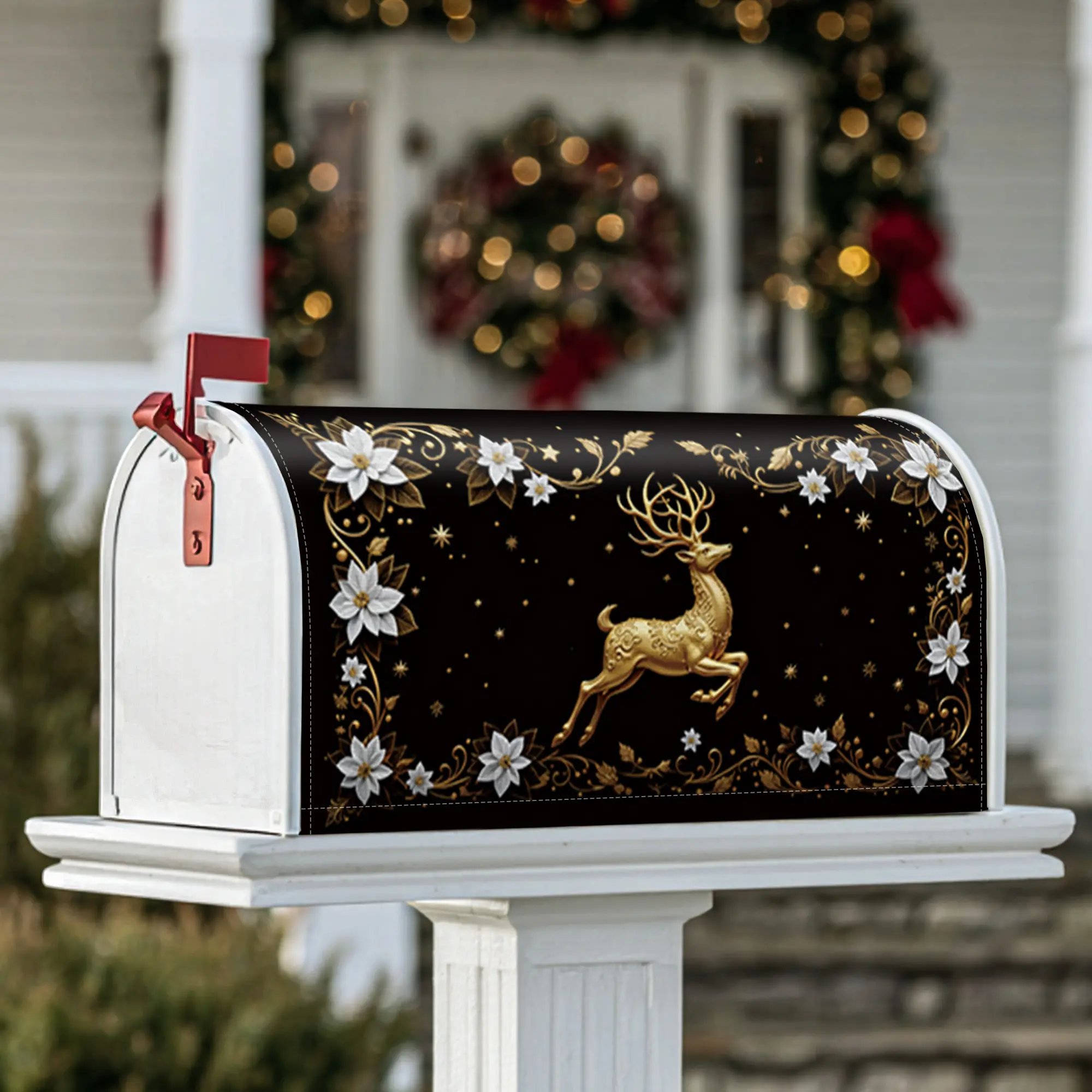 reindeer Magnetic Mailbox Covers, Christmas festive flowers stars Christmas black Decorative Mailbox Cover for Outdoor Garden Decor