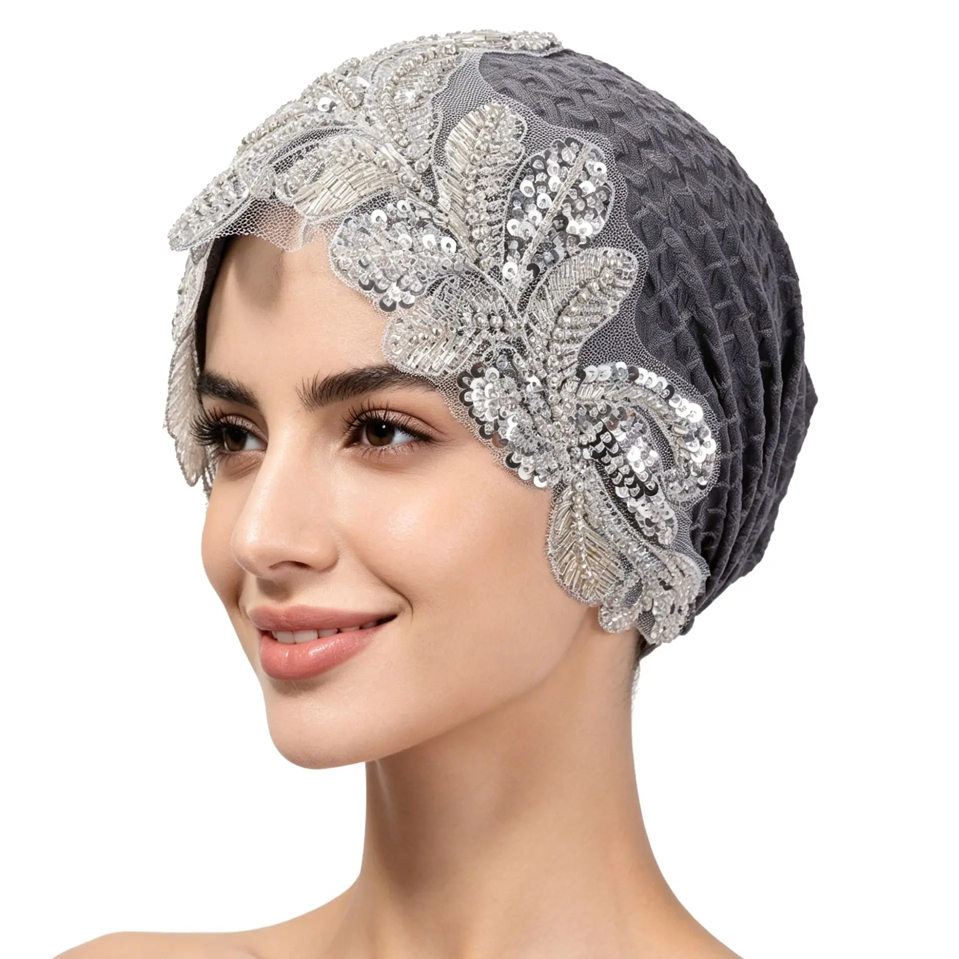 Non-Slip Sports Headwrap, Universal Size Vintage Flapper Gatsby Party Jacquard Fabric Bonnet Cap, Charcoal Grey Floral Lace Sequin Bead Embroidered Stretch Full Coverage Modest Hair Cover