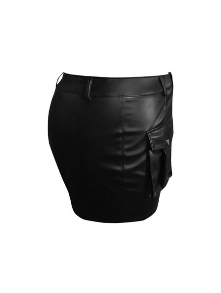 【Plus Size】 Solid Pocket Decor PU Skirt, Fashion Casual Mini Skirt for Daily Outdoor Wear, Women Plus Clothing for All Seasons