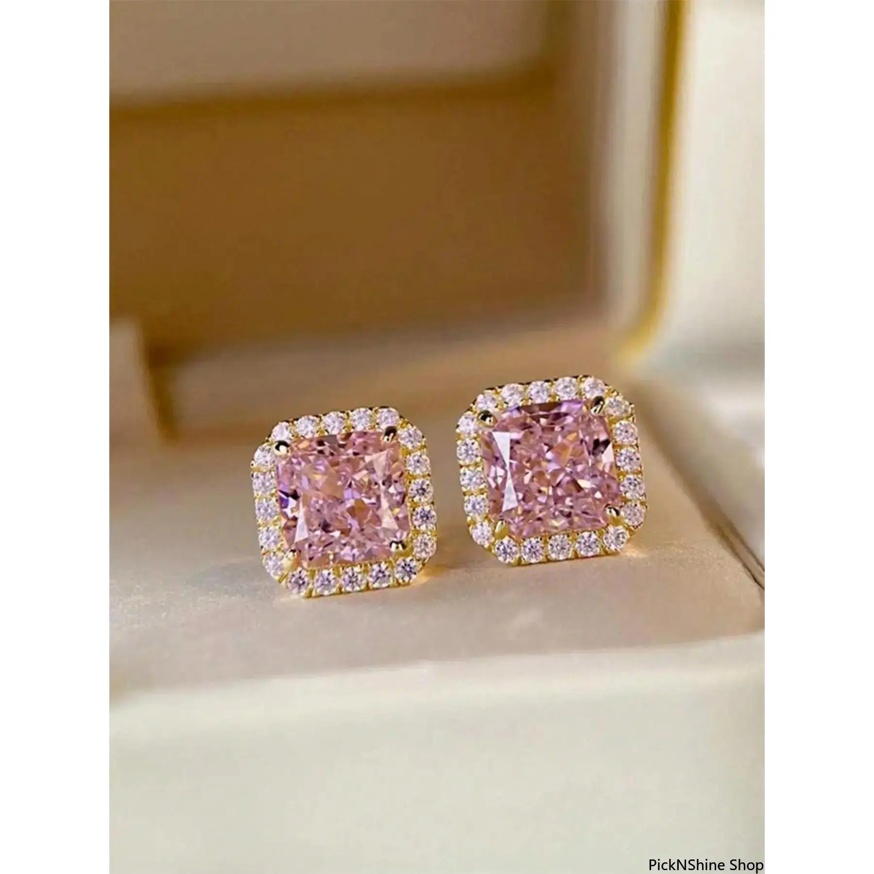 Women's Golden-Tone Copper Stud Earrings - Pink Cushion-Cut Halo, Trendy Artificial Zirconia Square Rhinestone Studs, Synthetic All-Seasons Fashion Jewelry for Daily Wear, Parties, Trendy Jewelry, Artificial Zirconia Earrings
