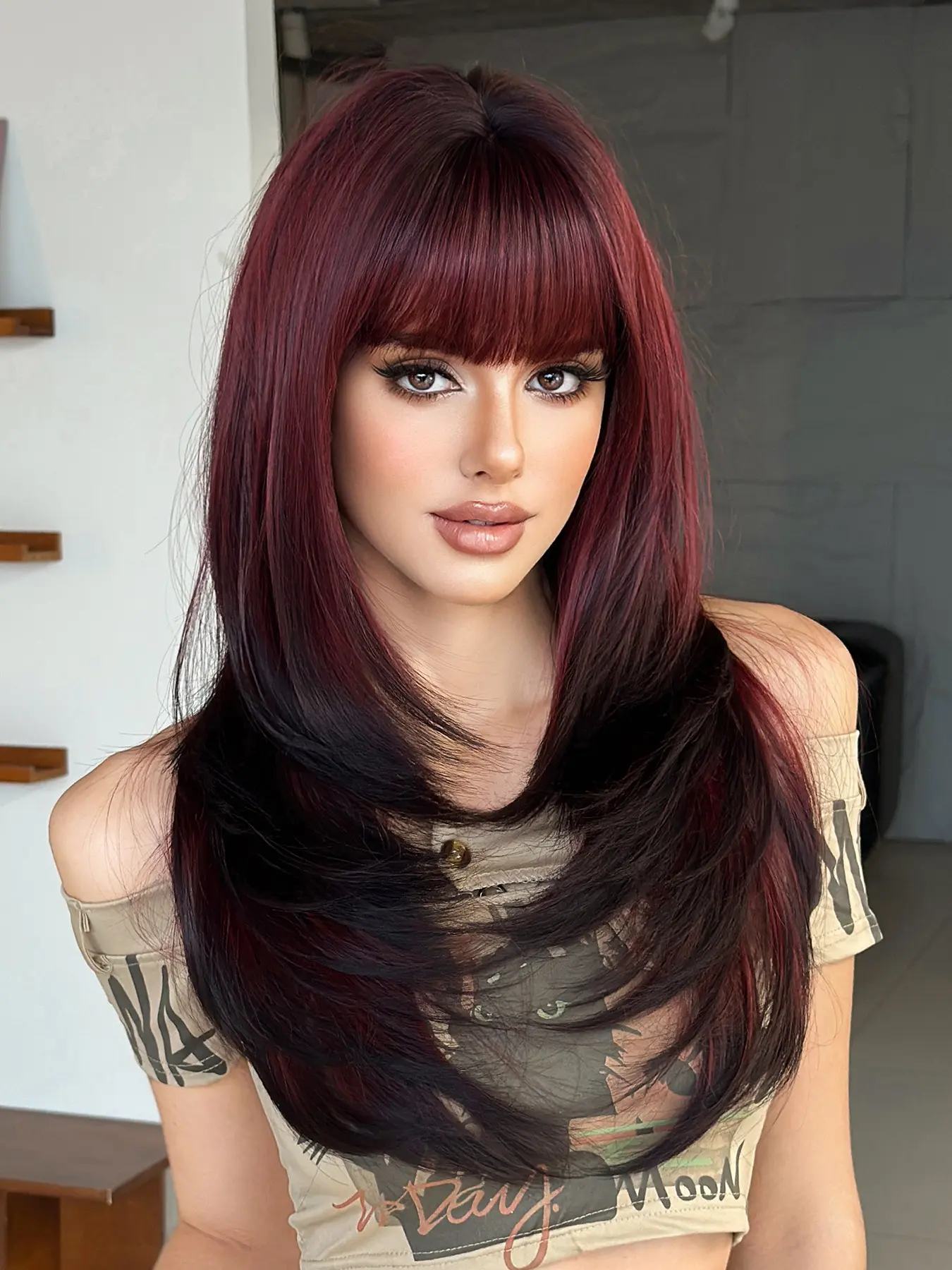 Ombre Burgundy Layered Wig with Bangs Natural-Looking Synthetic Heat-Resistant Fiber Wig for Women Daily Wear, Hallowmas, Carnival Party Cosplay Use 24 Inch( Silver Black, Purple Black, Ombre Brown )
